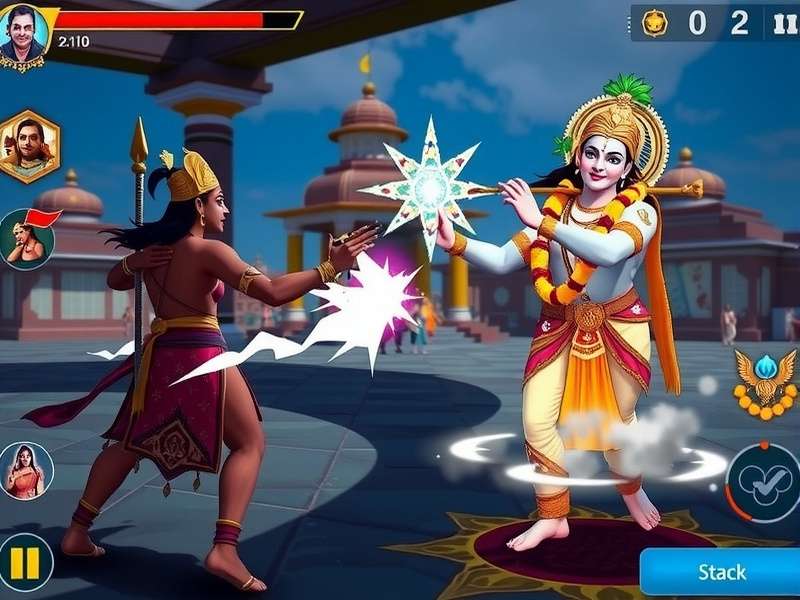 Holy Pursuit combat screenshot showing Lord Krishna using Sudarshana Chakra